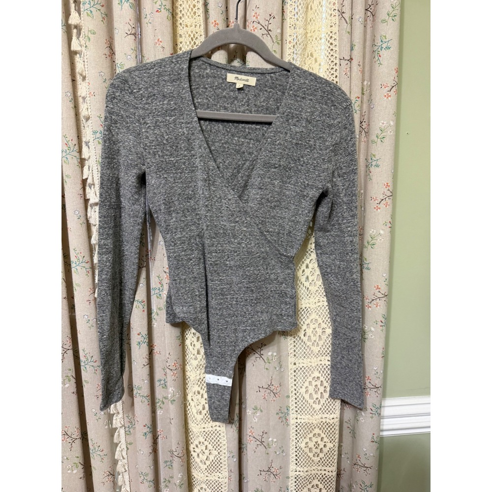 Madewell Gray Long Sleeve V Neck Bodysuit Small Thong Snap Stretch Cotton